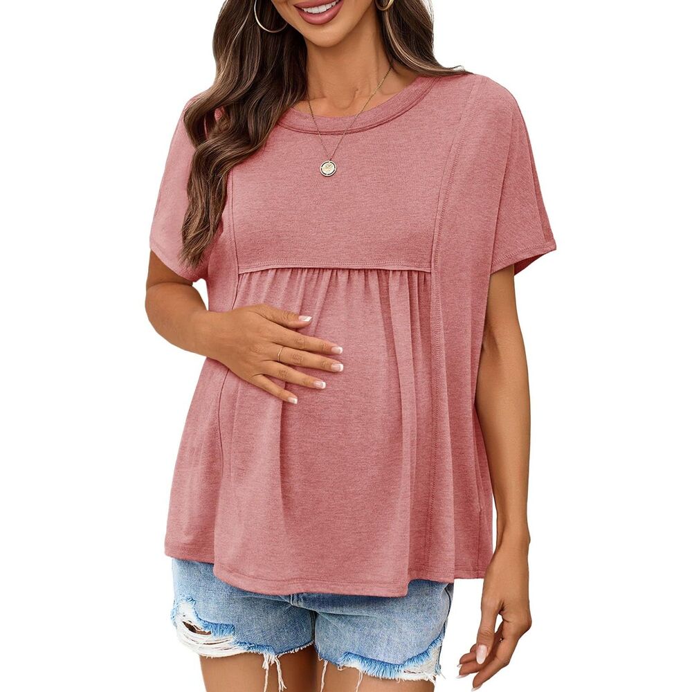 Batwing Short Sleeve Casual Pleated Maternity Top, Small, 7J-201T003